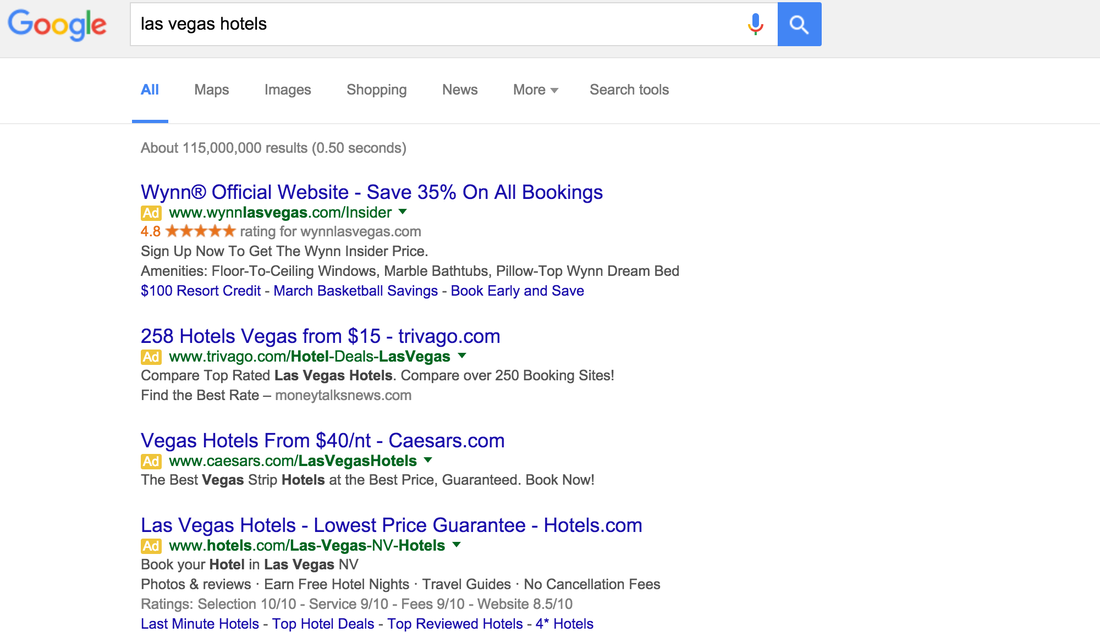 search engine results page. Paid search in equal to PPC, SEM, Adwords